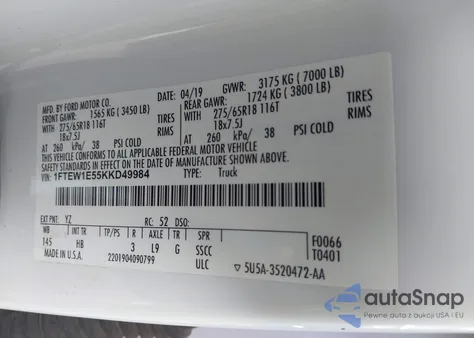 2019 Ford F-150 Lariat z USA, uszkodzony, nr VIN 1FTEW1E55KKD49984